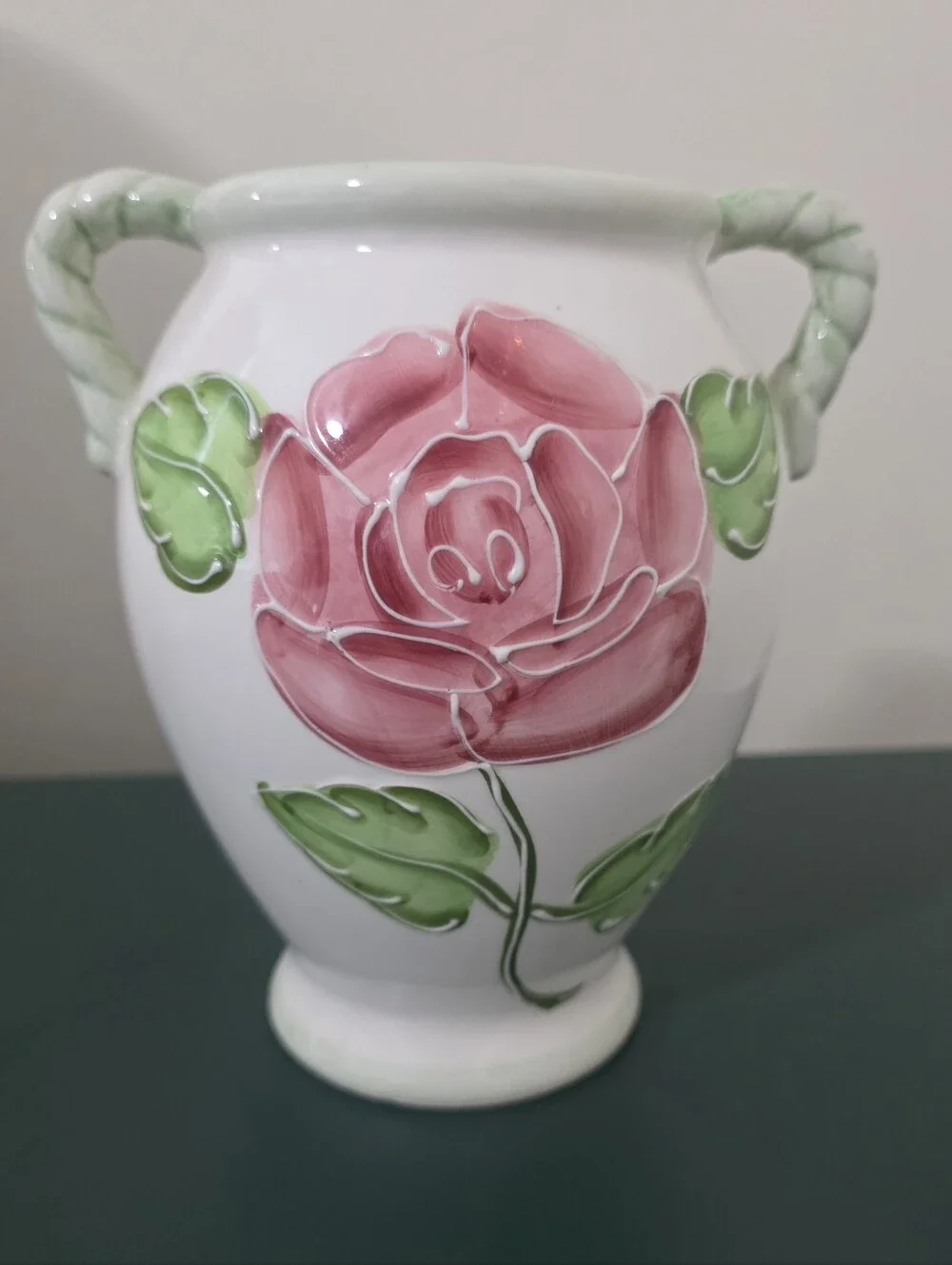 Handpainted Ceramic Vase Embossed Rose Design Twisted Handles Coquette Cottage